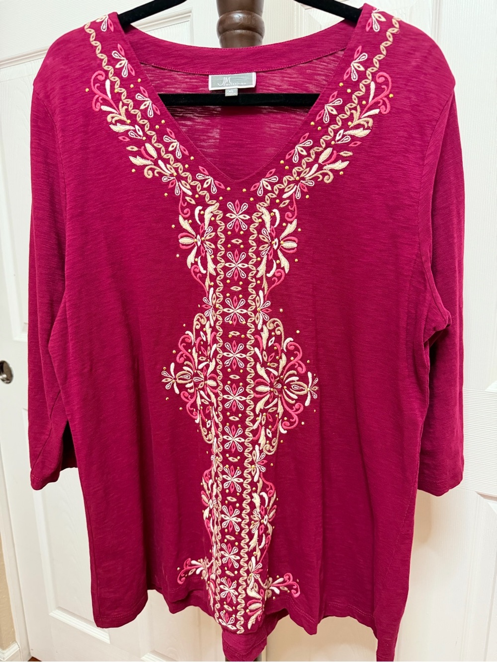 JM Collection Embroidered V-Neck Tunic in Berry with Cream Accents